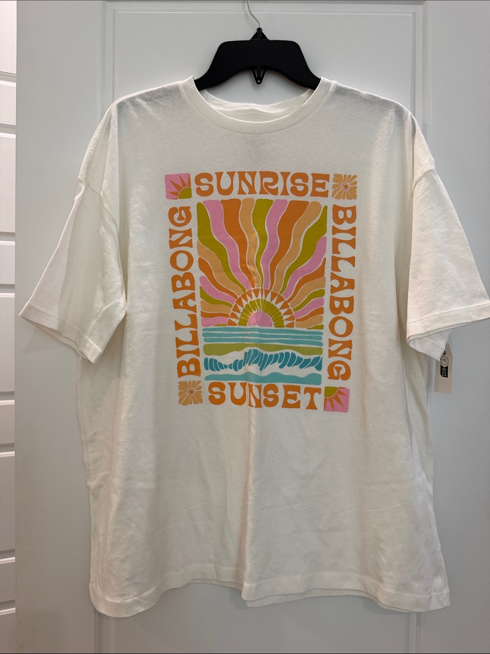 Billabong Cream Graphic Tee with Orange, Pink & Teal Sunburst